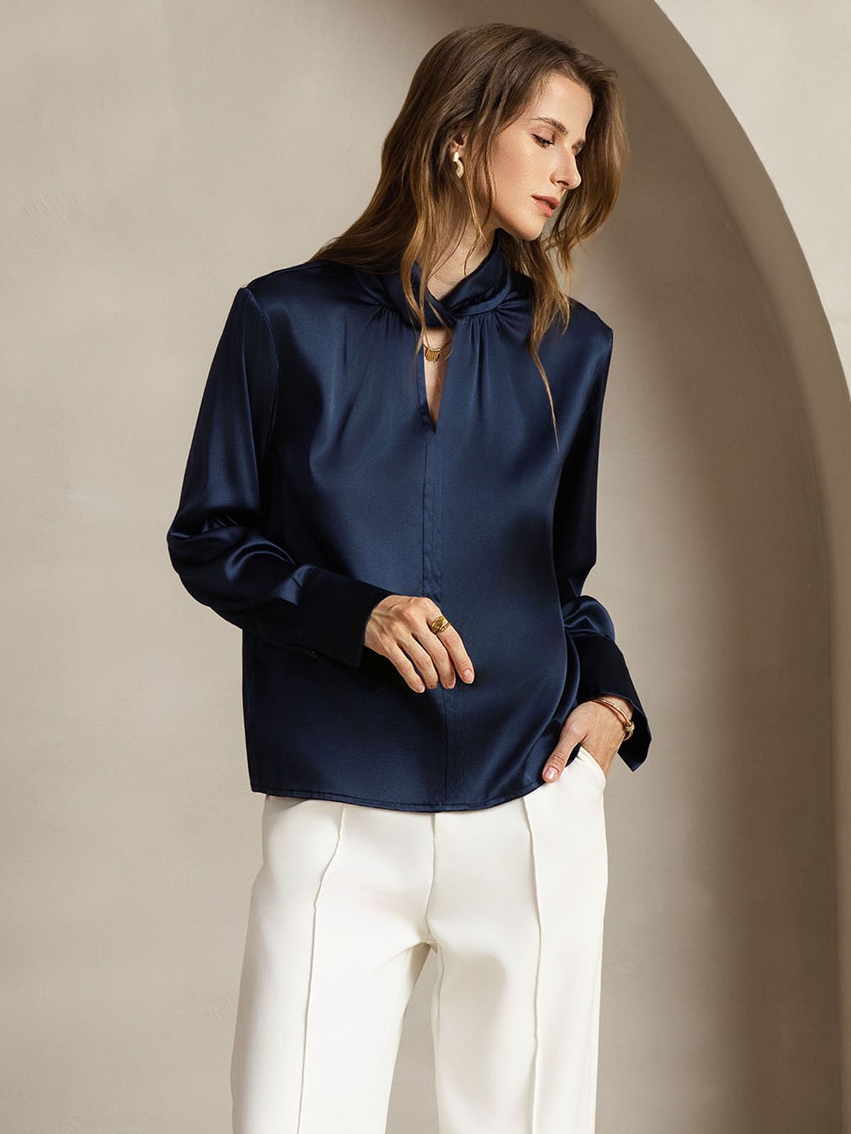 [Mörkblå] SilkSilky-SE 19Momme Silke Womens Shirt 006