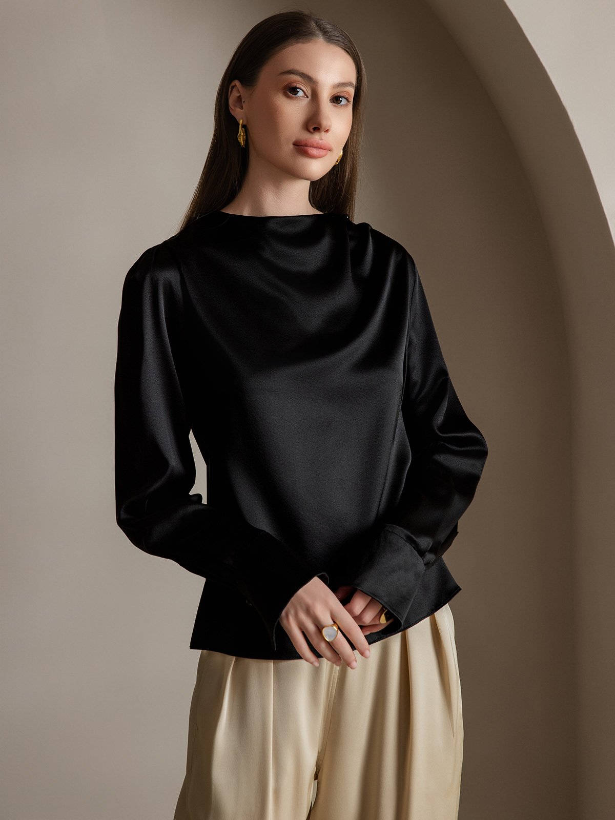 [Svart] SilkSilky-SE 19Momme Silke Womens Shirt 003