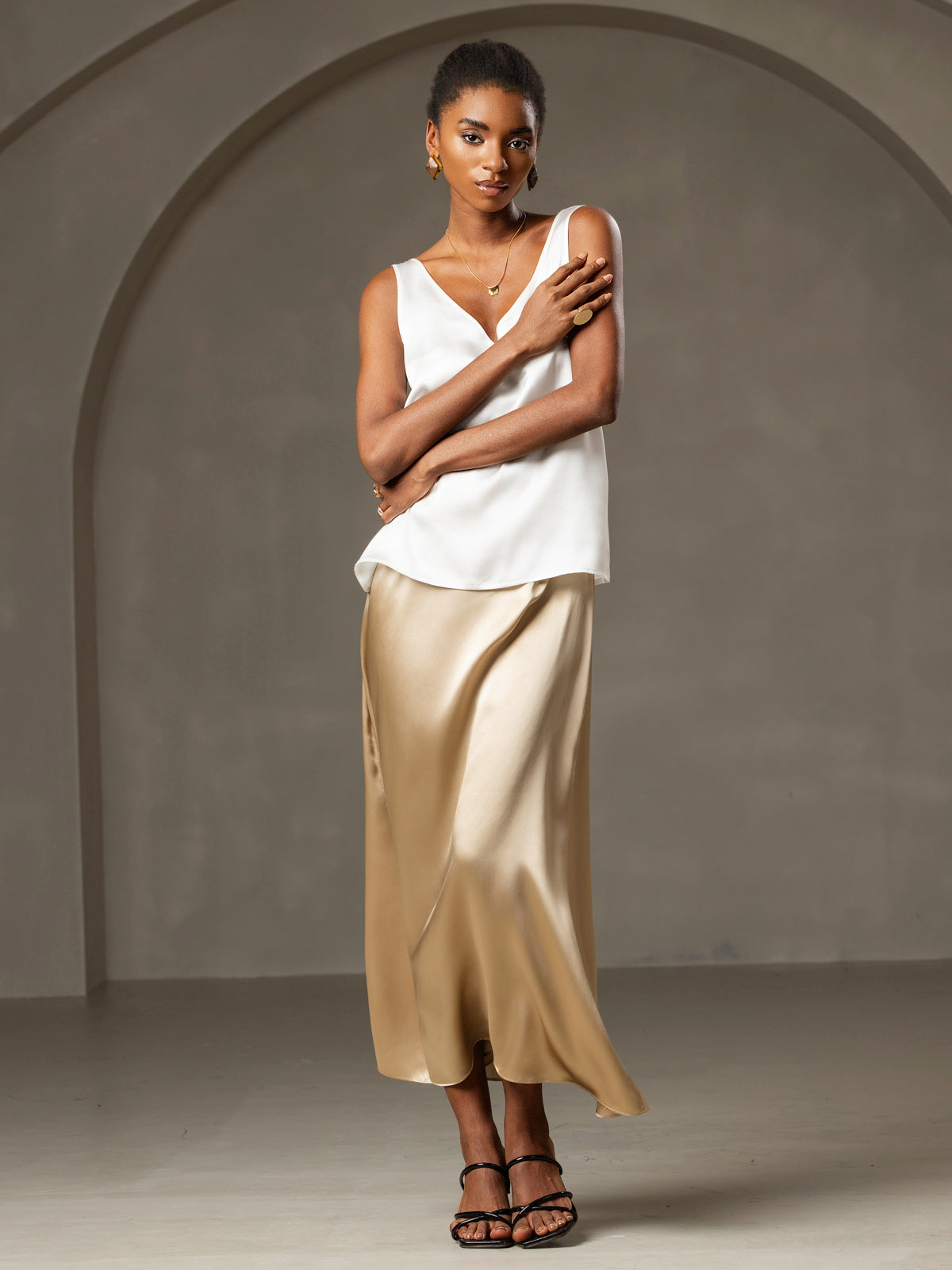 [Vit] SilkSilky-SE 19Momme Ärmlös V Ringning Cami Toppar 006