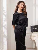 [Svart] SilkSilky-SE Half Sleeve Round Neck Dam Pyjama 003