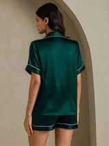 [Mörkgrön] SilkSilky-SE Short Sleeve Lapel Collar Dam Pyjama 002