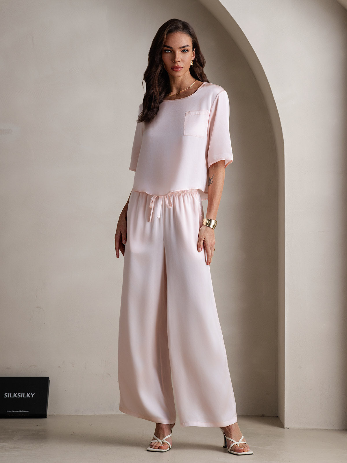 [Rosa] SilkSilky-SE Hårärm Rund Halsringning Dam Pyjama 004