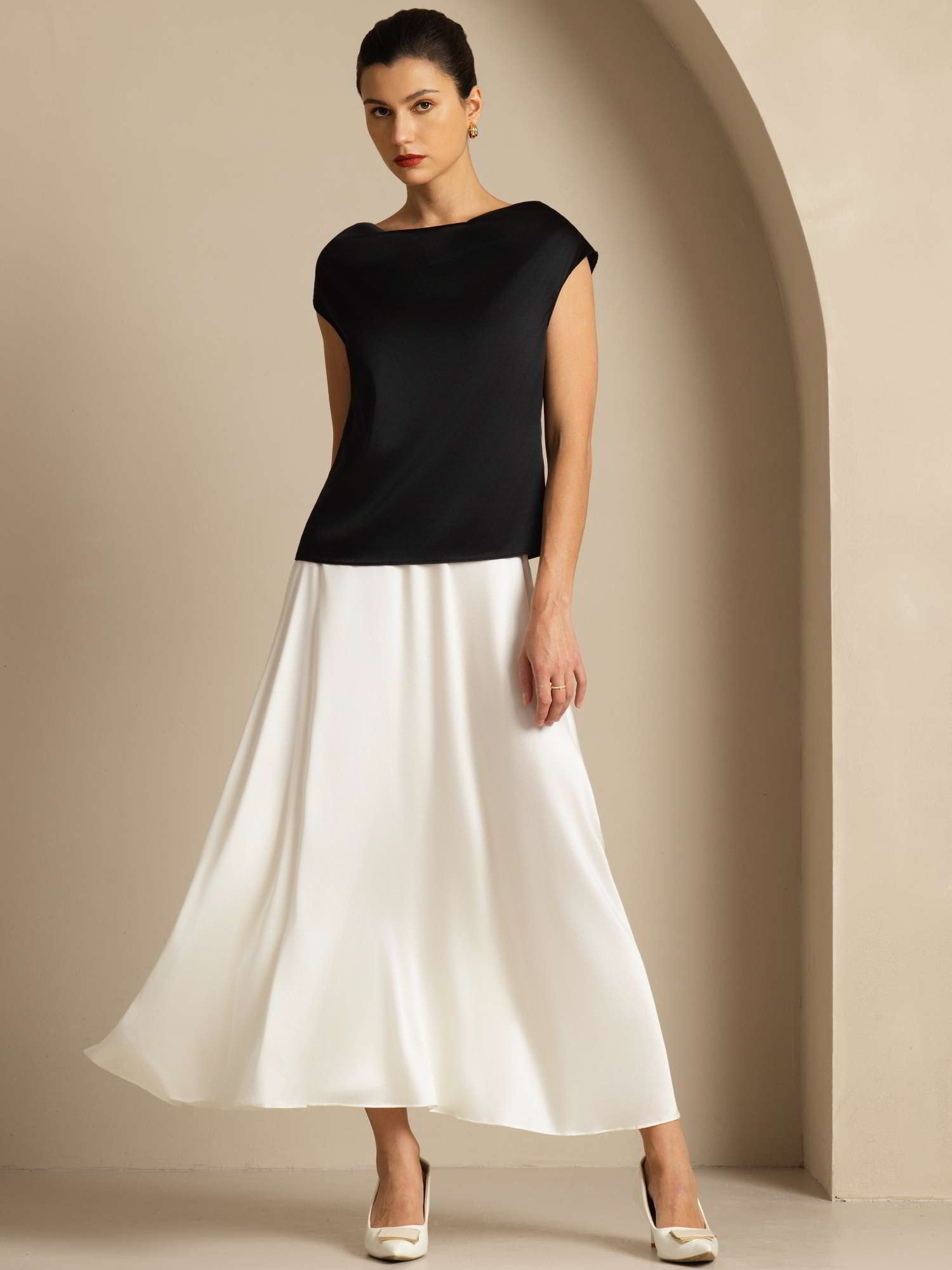 [Svart] SilkSilky-SE 19Momme Silke Ärmlös Womens T-Shirt 006