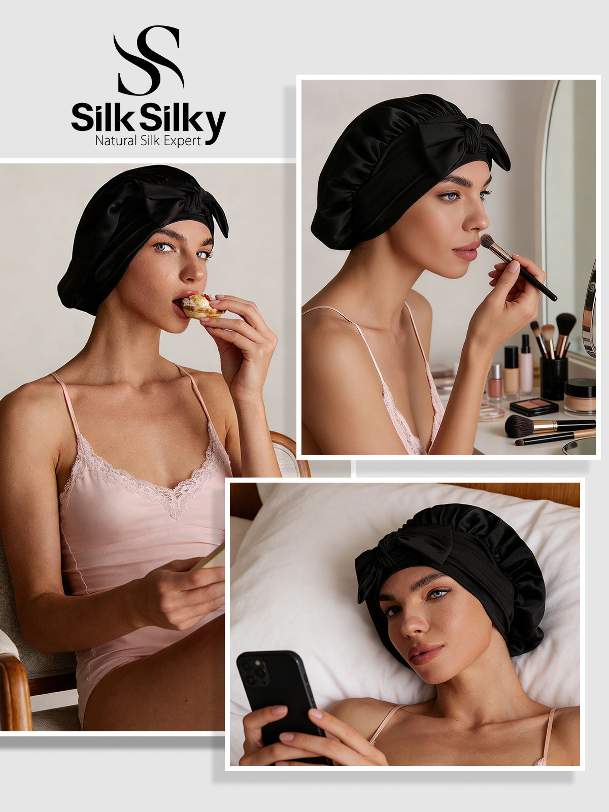 [Svart] SilkSilky-SE Rent Silke Sleep Cap 005