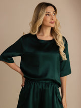[Mörkgrön] SilkSilky-SE Short Sleeve Round Neck Dam Pyjama 005