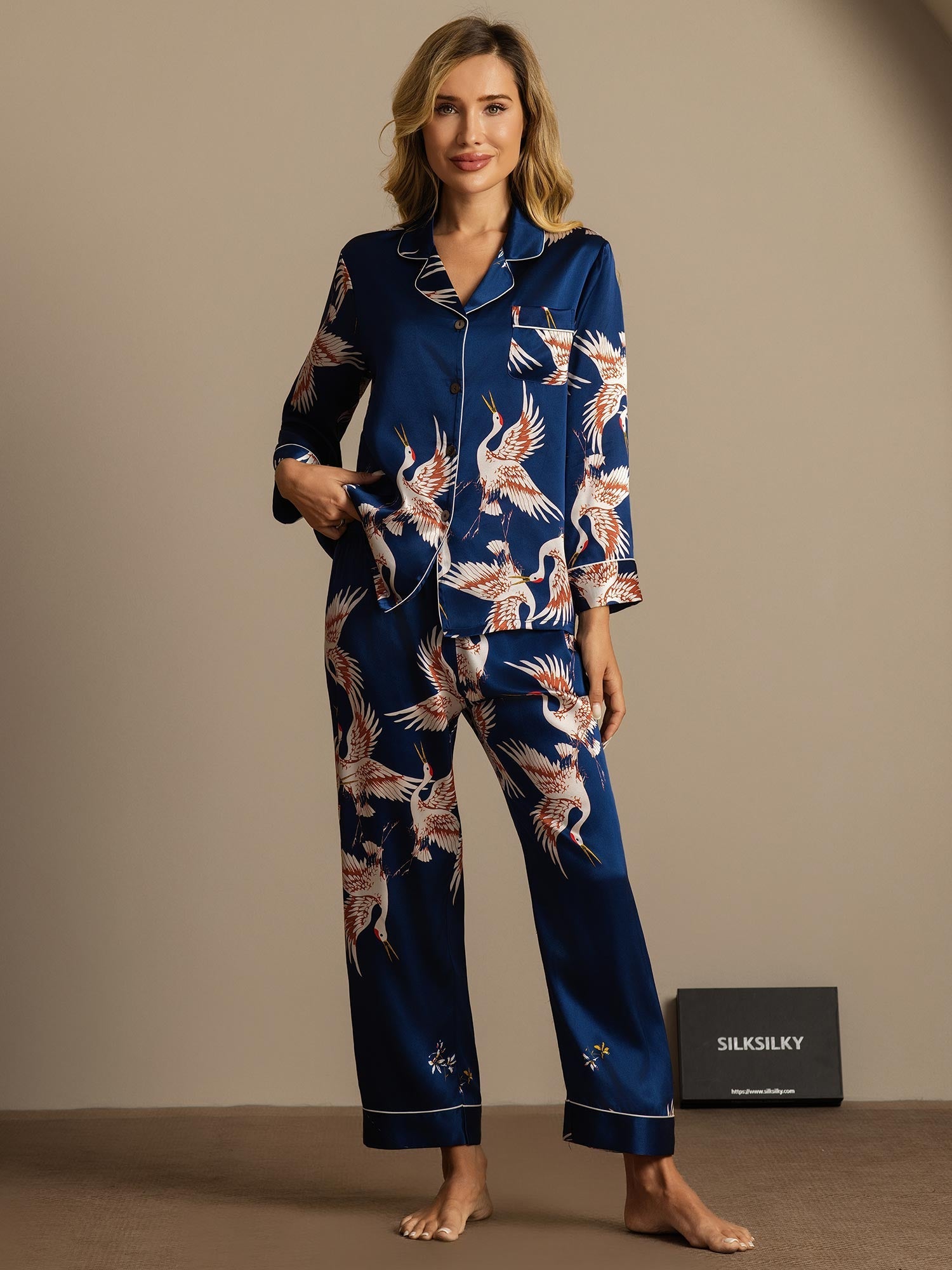 [Mörkblå] SilkSilky-SE 19Momme Rent Silke Womens Pajamas 004,
