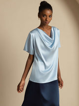 [Gråblå] SilkSilky-SE Short Sleeve Cowl Neck Damblusar 005