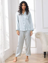 [Ljusblå] SilkSilky-SE Long Sleeve Lapel Collar Dam Pyjama 003