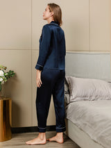 [Mörkblå] SilkSilky-SE Long Sleeve Lapel Collar Dam Pyjama 004
