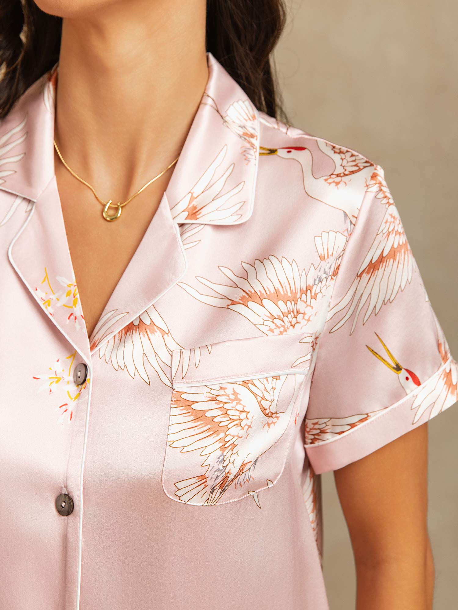 [Rosa] SilkSilky-SE 19Momme Rent Silke Kort Ärm Womens Pajamas 004