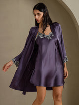 [Lila Grå] SilkSilky-SE 3/4 Sleeve V Neck Dam Nattlinne&Morgonrock Set 001