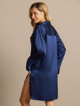 [Mörkblå] SilkSilky-SE Long Sleeve Lapel Collar Dam Sömnskjorta 002
