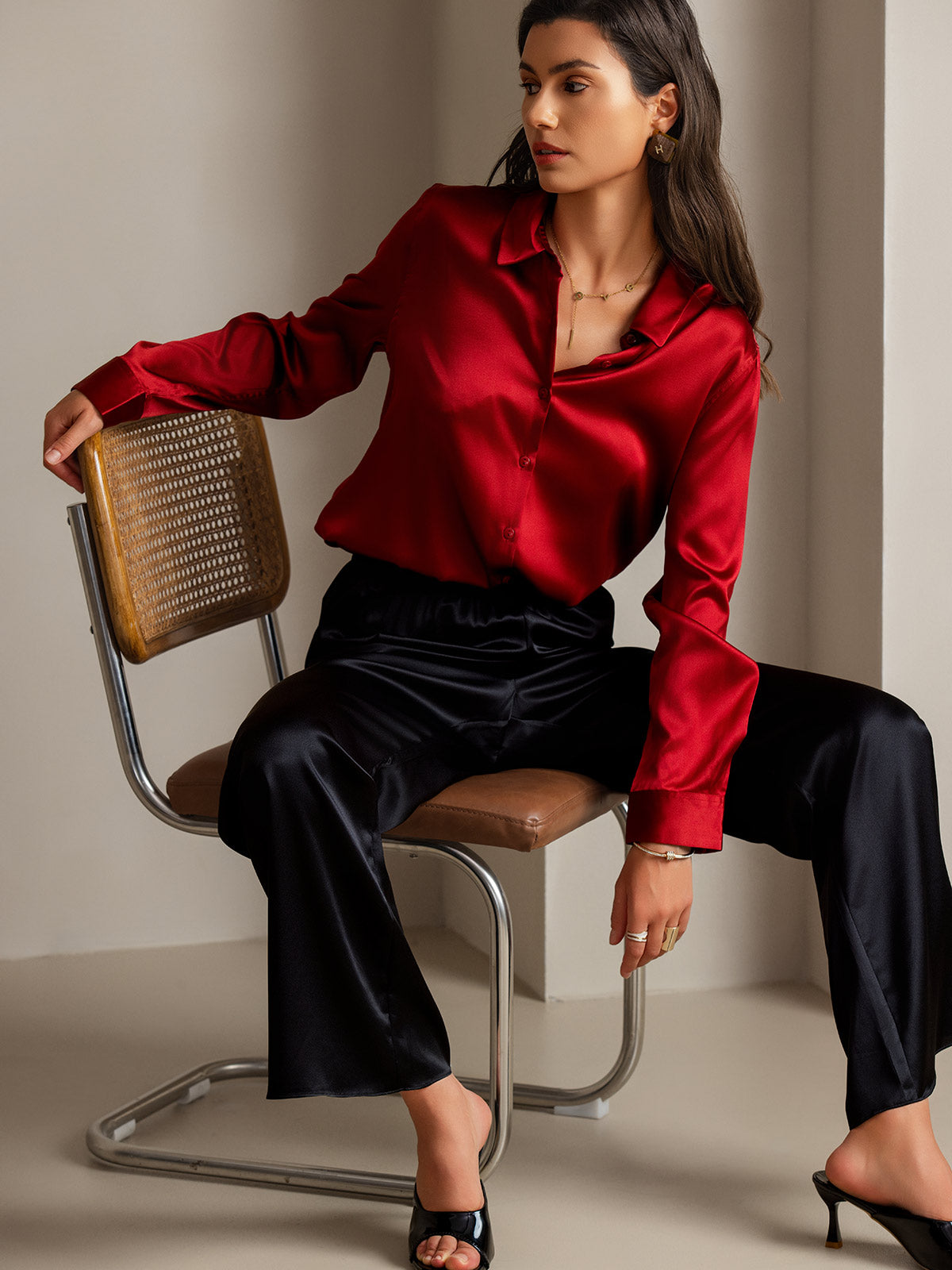 [Röd] SilkSilky-SE Long Sleeve Lapel Collar Damskjorta 001