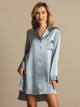 [Gråblå] SilkSilky-SE Long Sleeve Lapel Collar Dam Sömnskjorta 001