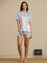 [Ljusblå] SilkSilky-SE Short Sleeve Lapel Collar Dam Pyjama 007