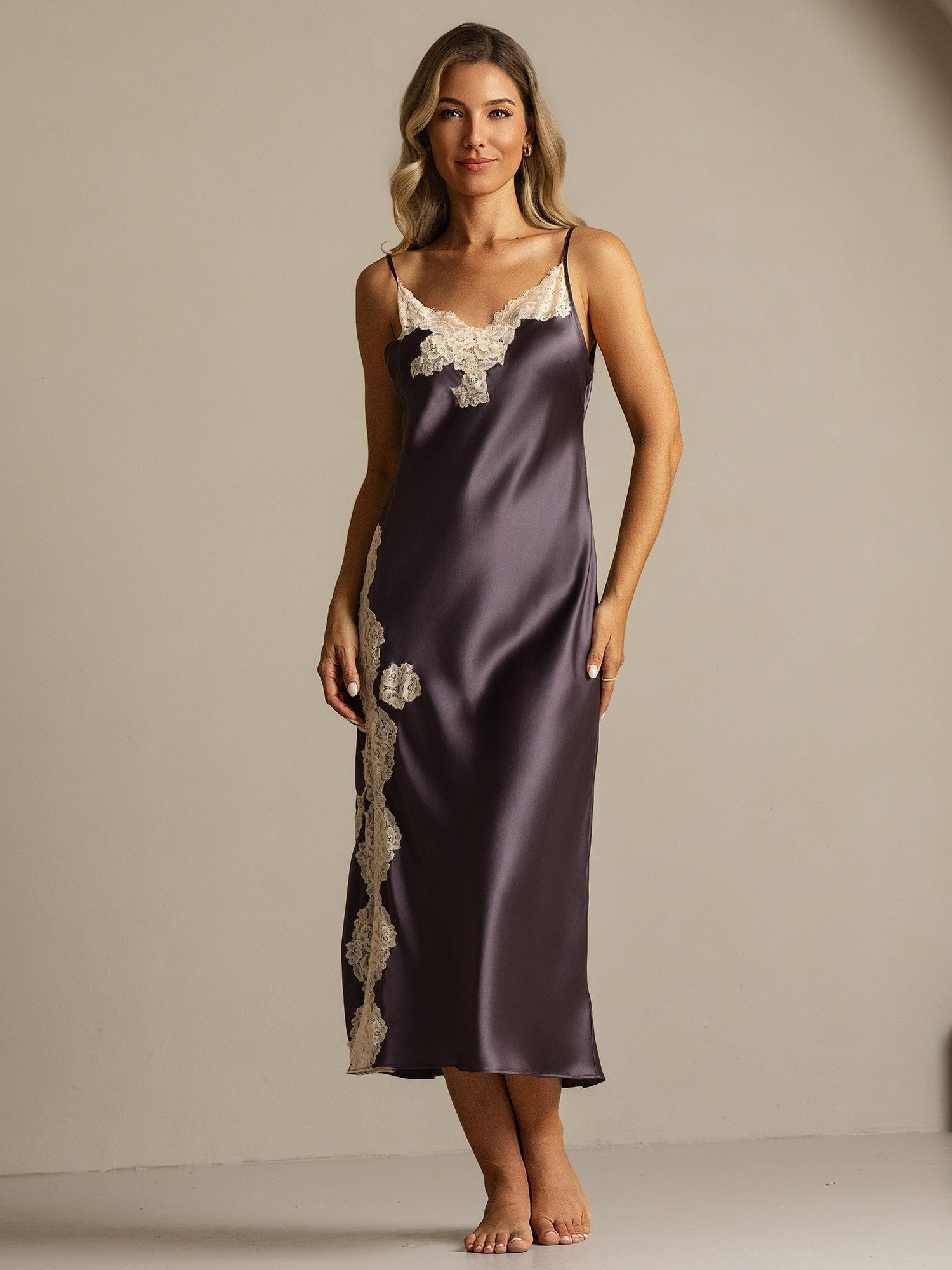 [LilaGrå] SilkSilky-SE Rent Silke Nightgown 008