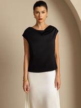 [Svart] SilkSilky-SE Cap Sleeve Cowl Neck Dam T-Shirt 004