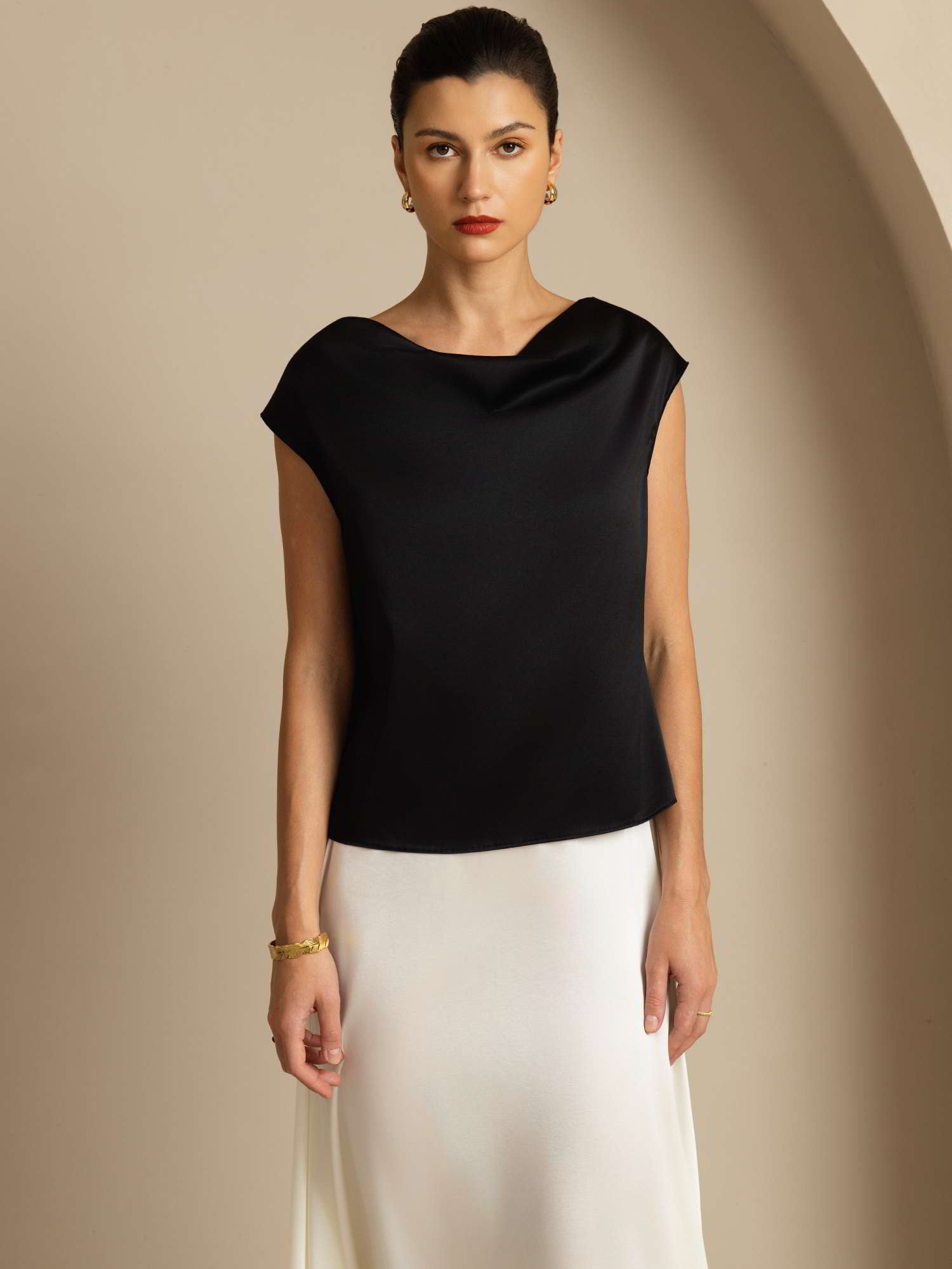 [Svart] SilkSilky-SE 19Momme Silke Ärmlös Womens T-Shirt 004