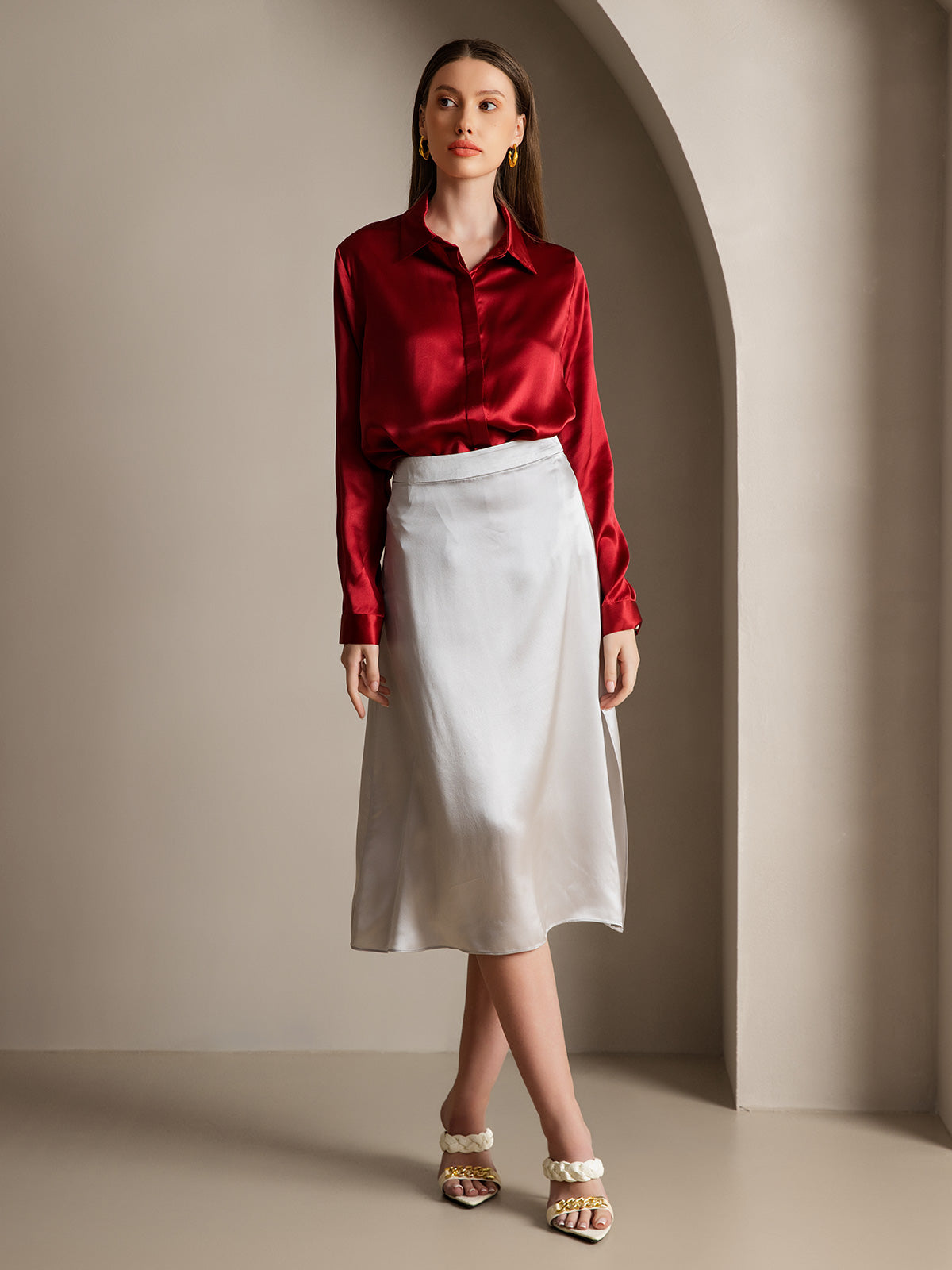 [Vin] SilkSilky-SE 19Momme Silke Lapel Collar Damskjorta 006