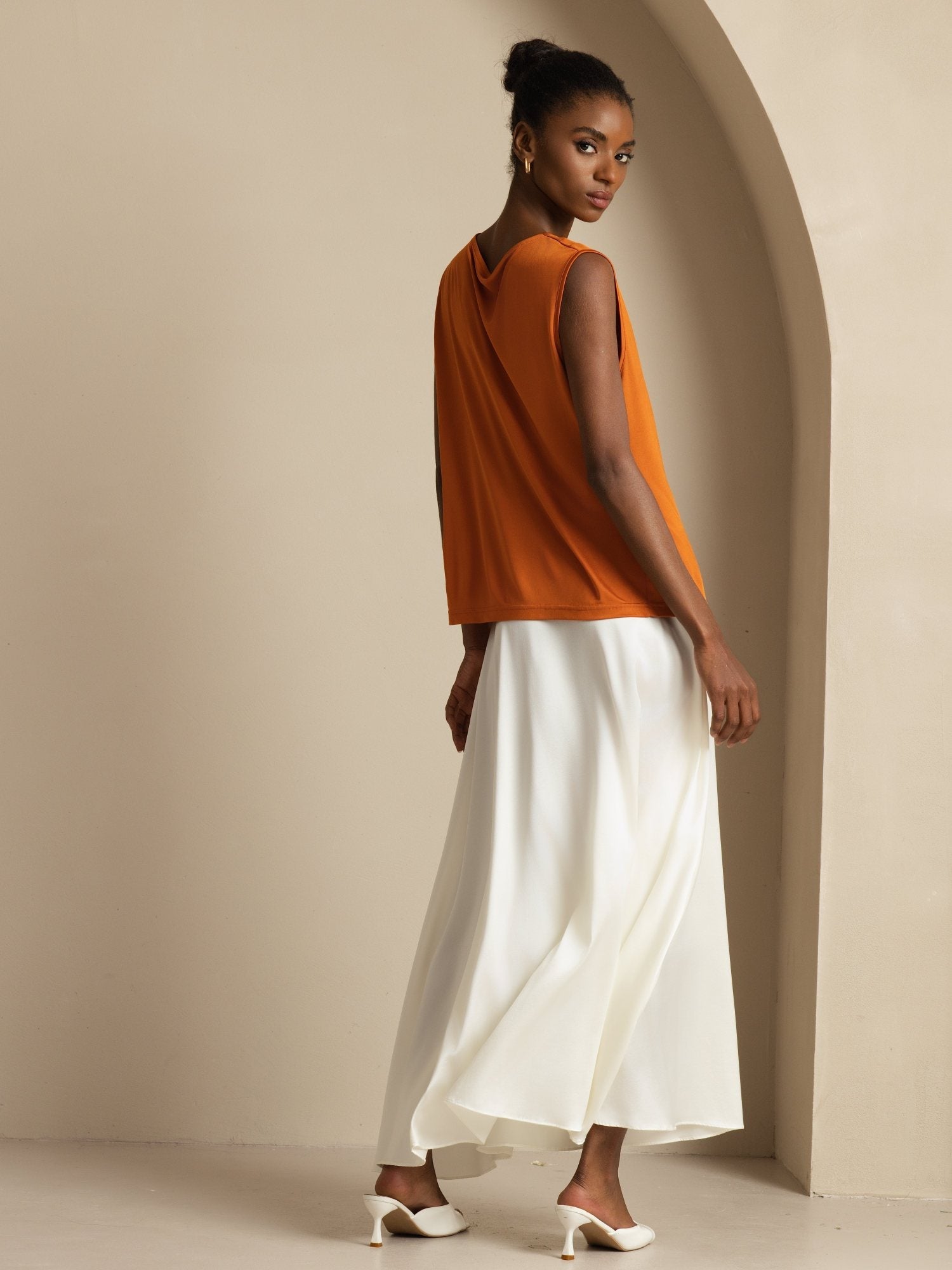 [Orange] SilkSilky-SE Ärmlös Cowl Halsringning Dam T-Shirt 002