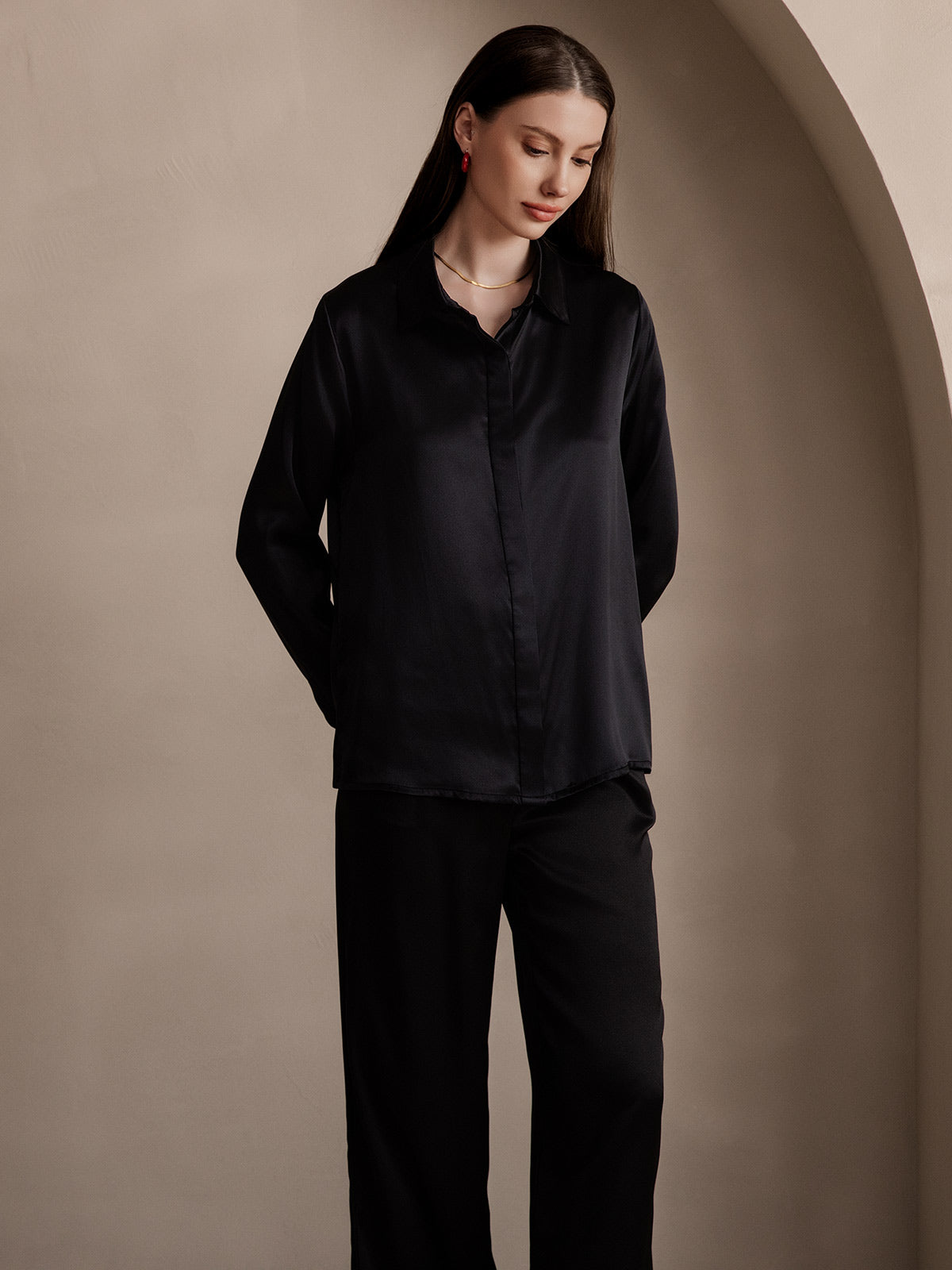 [Svart] SilkSilky-SE 19Momme Silke Lapel Collar Damskjorta 005