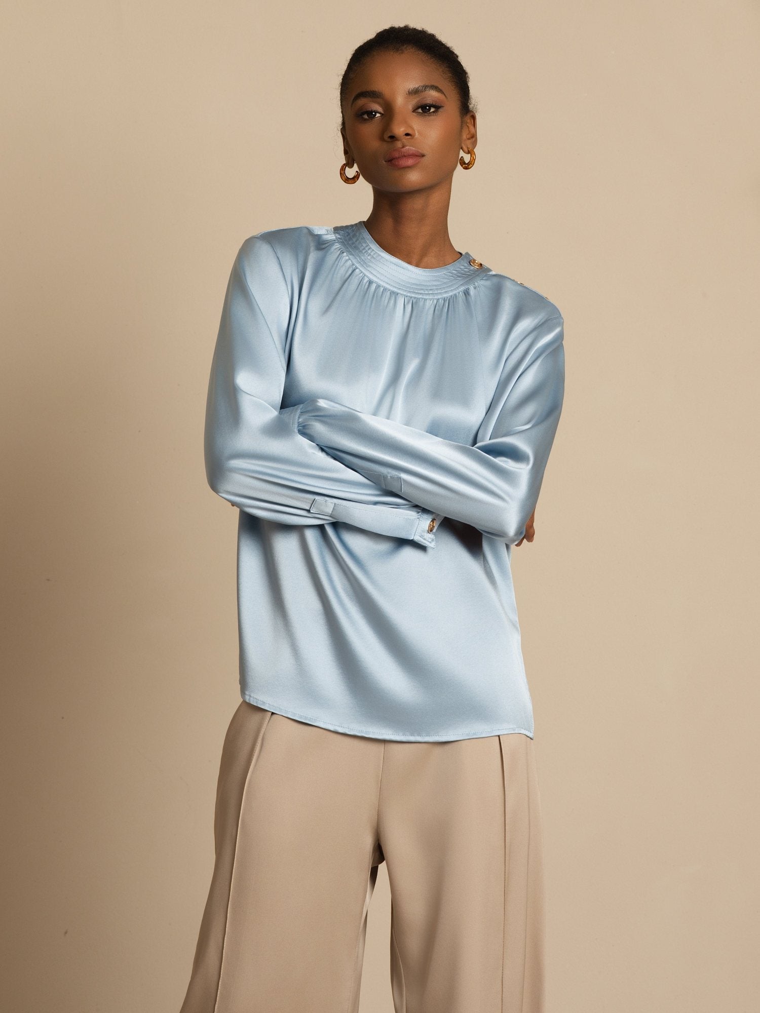 [Gråblå] SilkSilky-SE 19Momme Silke Lång Ärm Rund Halsringning Blus 004