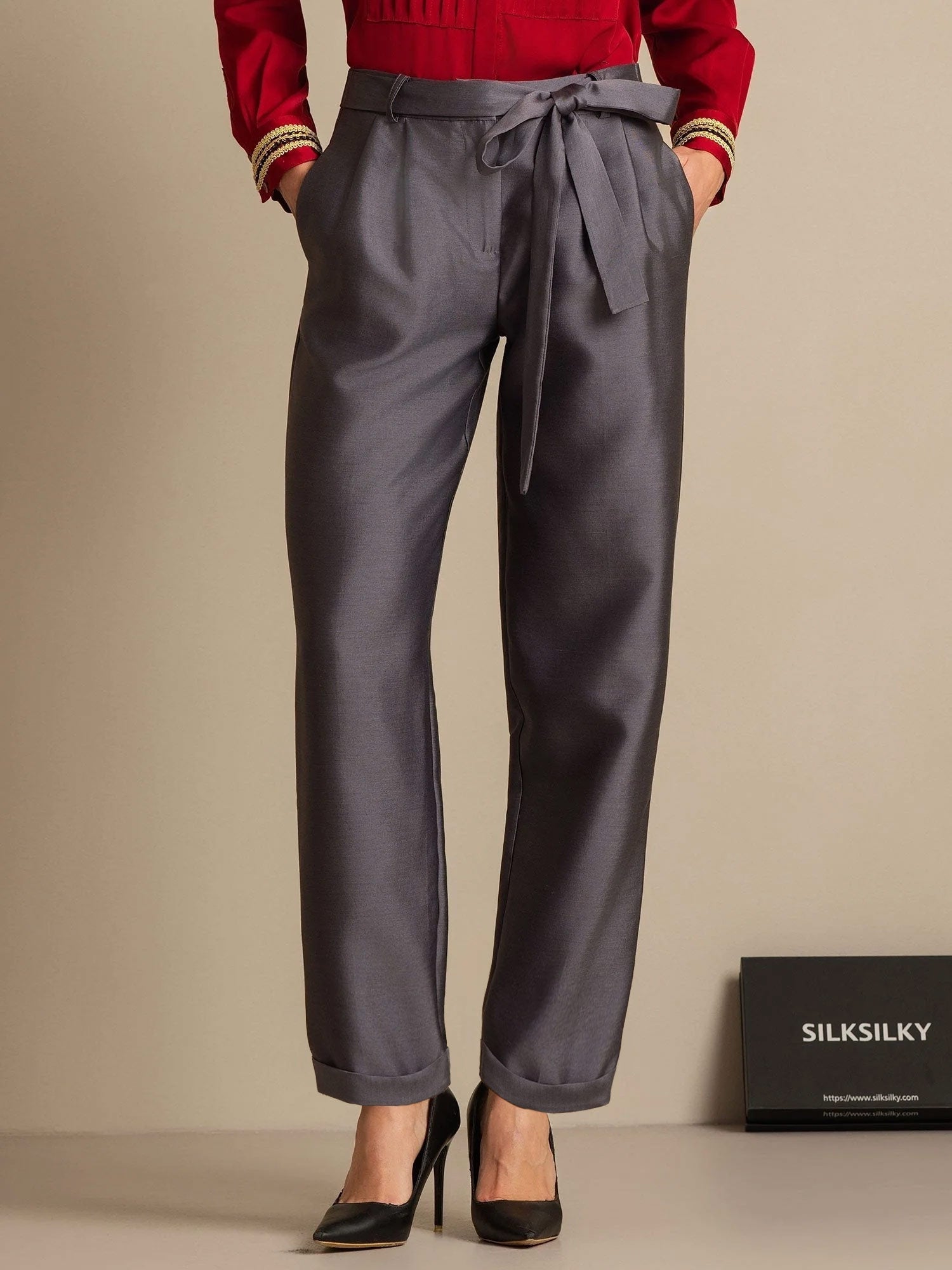 [Grå] SilkSilky-SE 32Momme Silk-Wool Blend Womens Pants 001