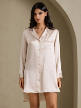 [Beige] SilkSilky-SE Long Sleeve Lapel Collar Dam Sömnskjorta 001