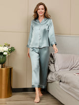 [Ljusblå] SilkSilky-SE Long Sleeve Lapel Collar Dam Pyjama 001