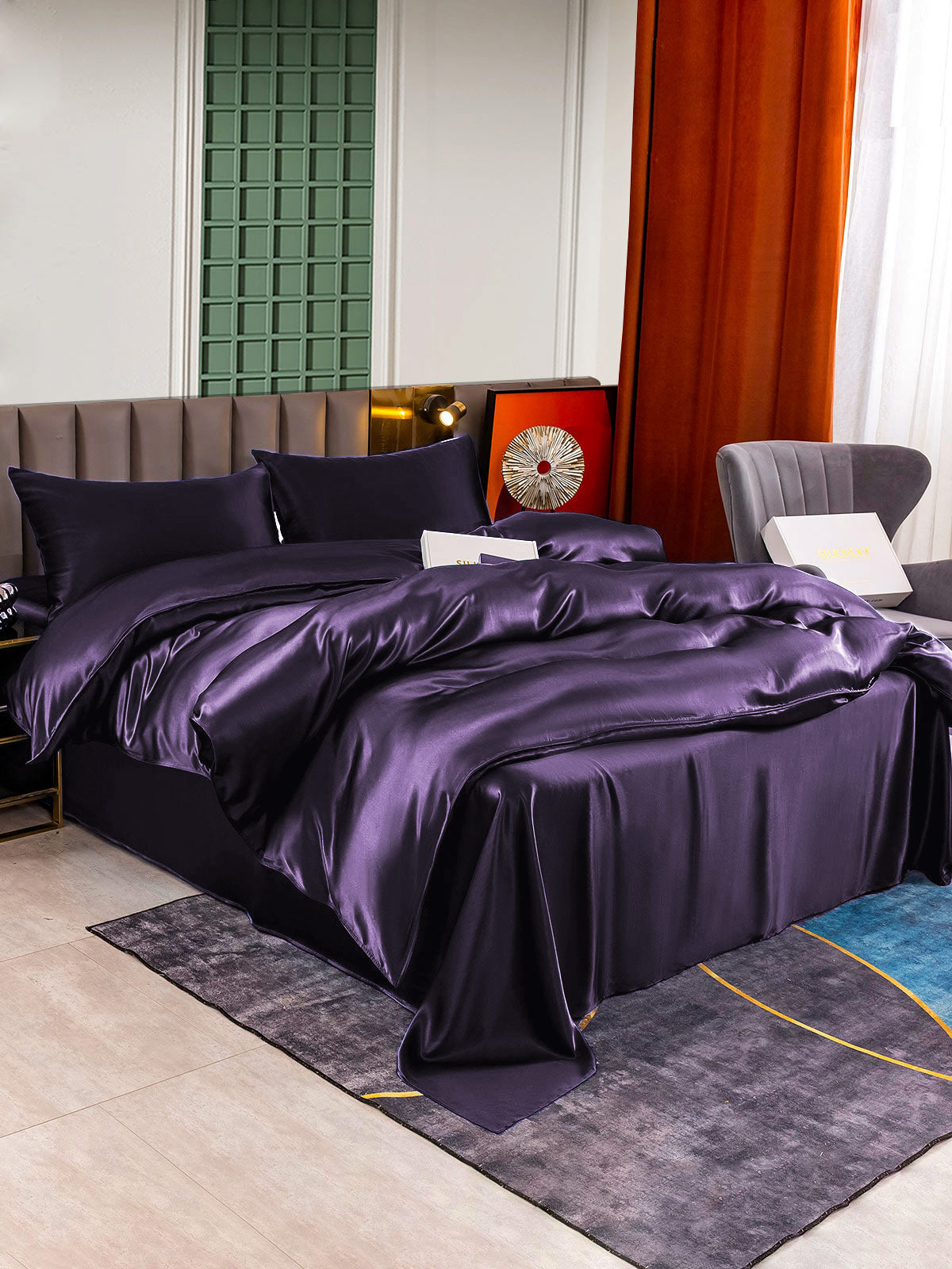 [Mörklila] SilkSilky-SE 22Momme Rent Silke Bedding Set 002,