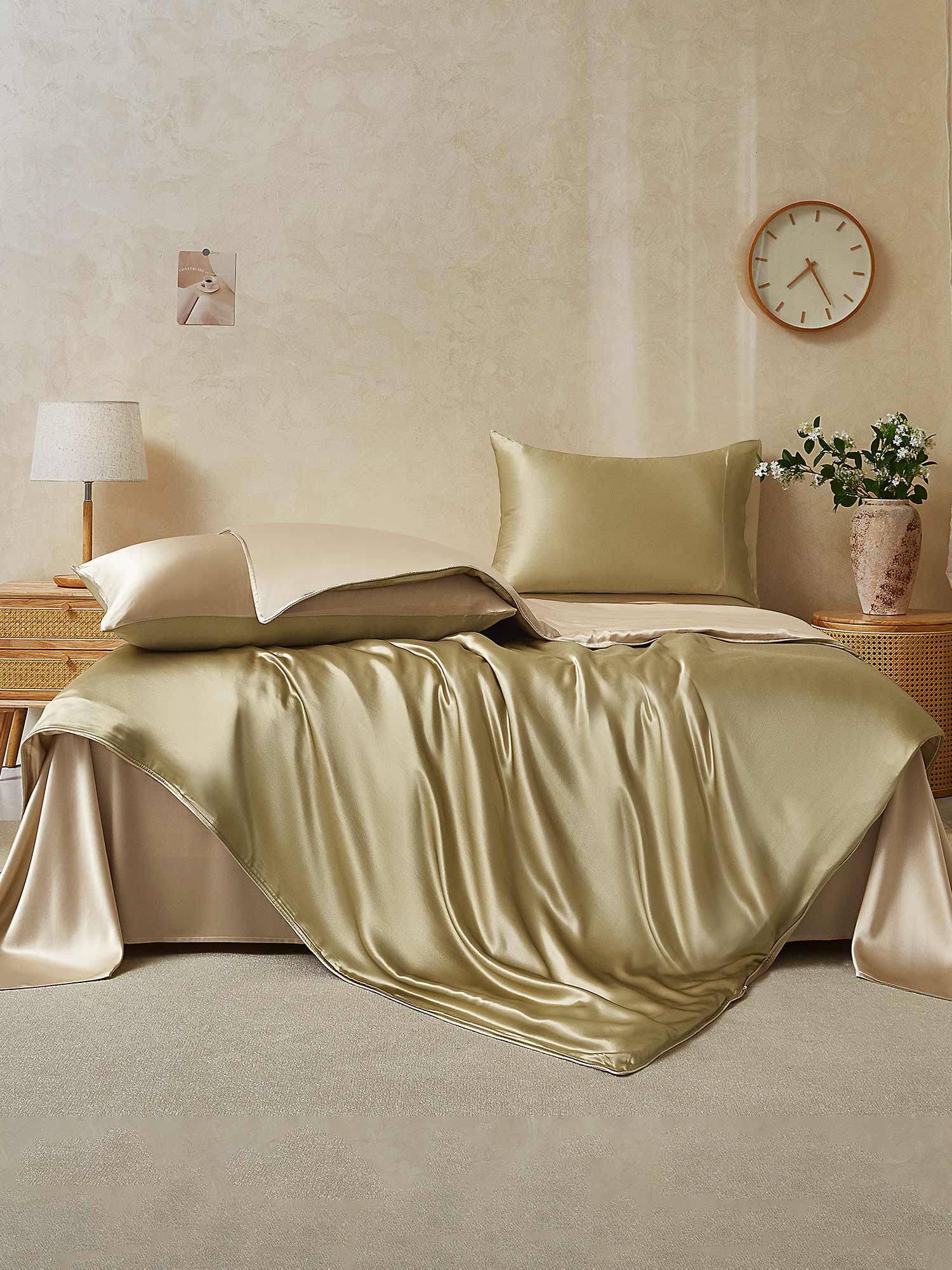 [Beige+Kaki] SilkSilky-SE 19Momme Rent Silke Bedding Set 002,