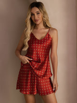 [Vinröd Kedja] SilkSilky-SE Spaghetti Strap V Neck Camisole Set 005