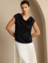 [Svart] SilkSilky-SE Cap Sleeve Cowl Neck Dam T-Shirt 005