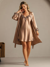 [Brun] SilkSilky-SE 3/4 Sleeve V Neck Dam Nattlinne&Morgonrock Set 009