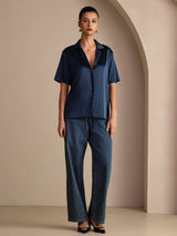 [Mörkblå] SilkSilky-SE Short Sleeve Lapel Collar Damskjorta 006