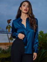 [Kungsblått] SilkSilky-SE Long Sleeve Lapel Collar Damskjorta 006