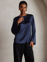 [Mörkblå] SilkSilky-SE Long Sleeve Boat Neck Blus 003