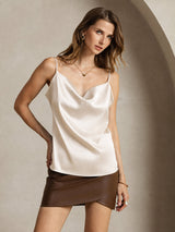 [Beige] SilkSilky-SE Spaghetti Strap Cowl Neck Cami Toppar 001