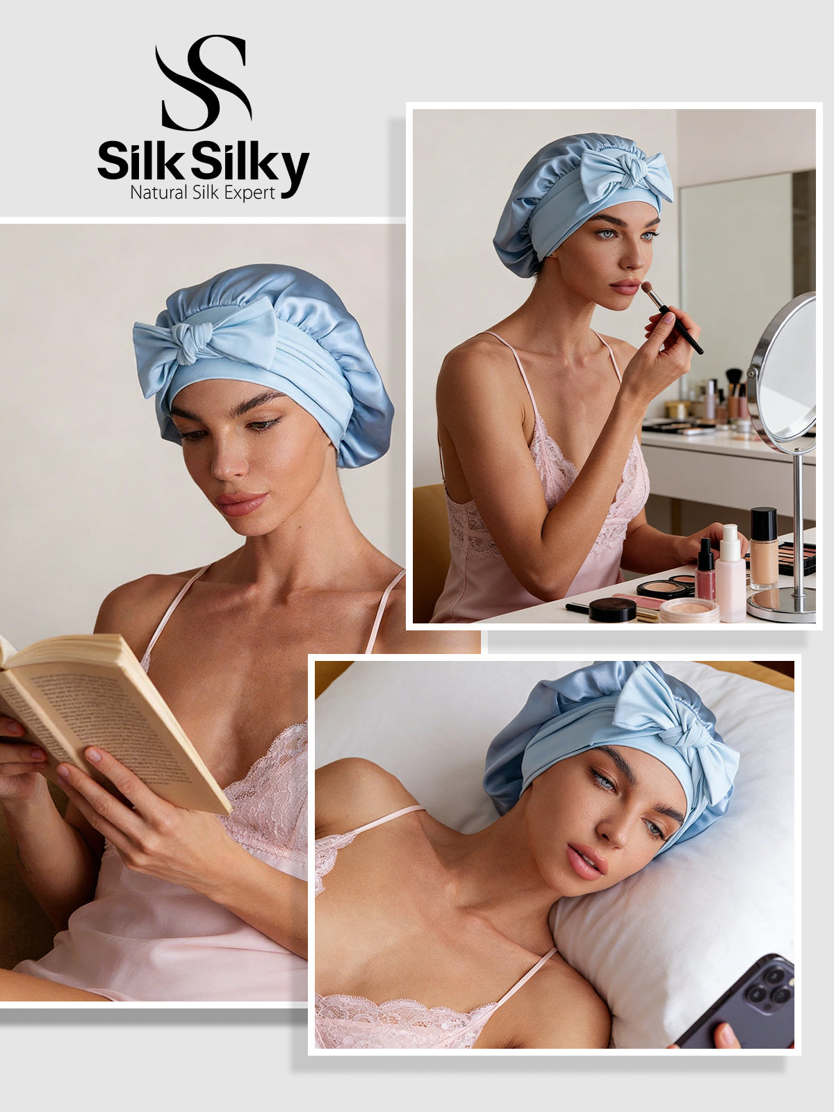 [Himmelsblå] SilkSilky-SE Rent Silke Sleep Cap 005