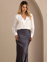 [Vit] SilkSilky-SE Long Sleeve Deep V Neck Damblusar 003