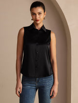 [Svart] SilkSilky-SE Sleeveless Lapel Collar Damskjorta 003