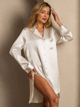 [Beige] SilkSilky-SE Long Sleeve Lapel Collar Dam Sömnskjorta 005