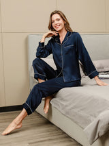 [Mörkblå] SilkSilky-SE Long Sleeve Lapel Collar Dam Pyjama 003