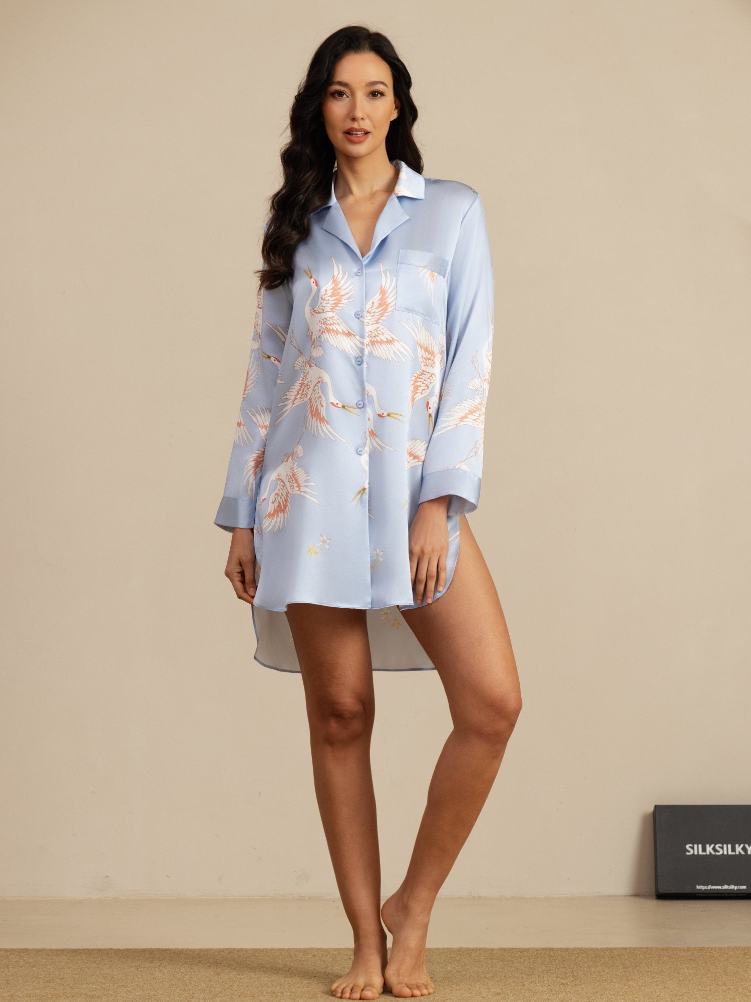 [Ljusblå] SilkSilky-SE 19Momme Lång Ärm Notchkrage Dam Sömnskjorta 005