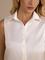 [Vit] SilkSilky-SE Sleeveless Lapel Collar Damskjorta 004