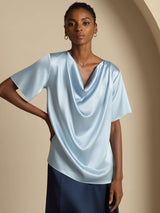 [Gråblå] SilkSilky-SE Short Sleeve Cowl Neck Damblusar 001