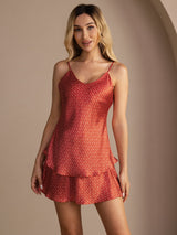 [Vinröd Ginkgo] SilkSilky-SE Spaghetti Strap V Neck Camisole Set 003