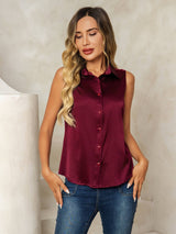 [Mörkröd] SilkSilky-SE Sleeveless Lapel Collar Damskjorta 006