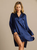 [Mörkblå] SilkSilky-SE Long Sleeve Lapel Collar Dam Sömnskjorta 003
