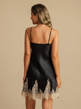 [Svart+Beige] SilkSilky-SE Spaghetti Strap V Neck Nattlinne 002